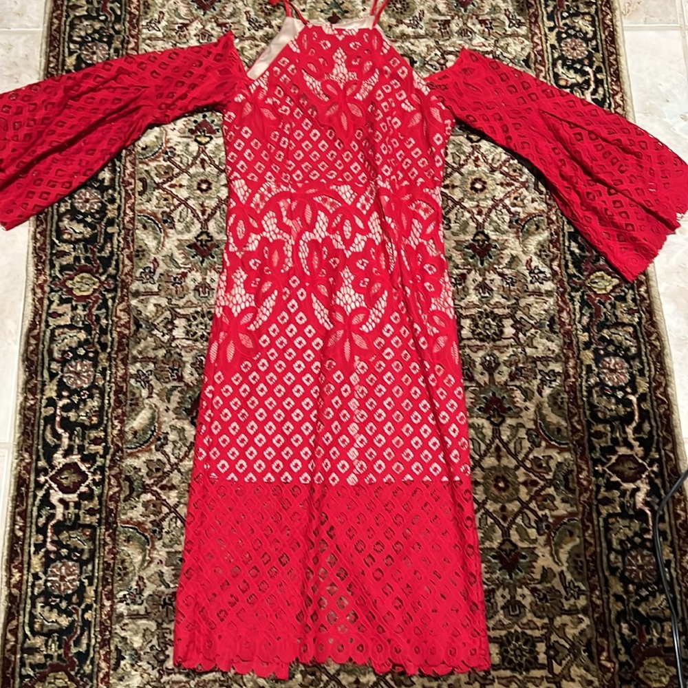 Bardot Red Lace Off Shoulder Dress Size 6